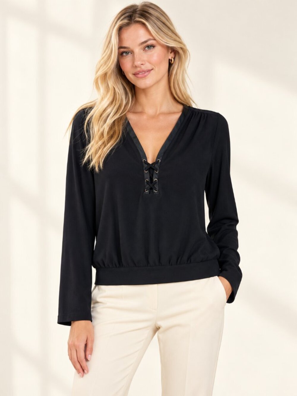 NWT White House Black Market Long Sleeve Lace Up Top Black XS
